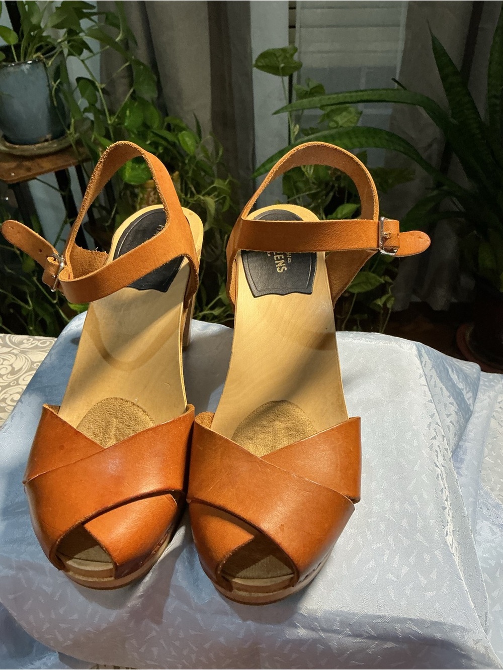 Swedish Hasbeens Cognac Leather Crossover Ankle-Strap Wedge Sandals